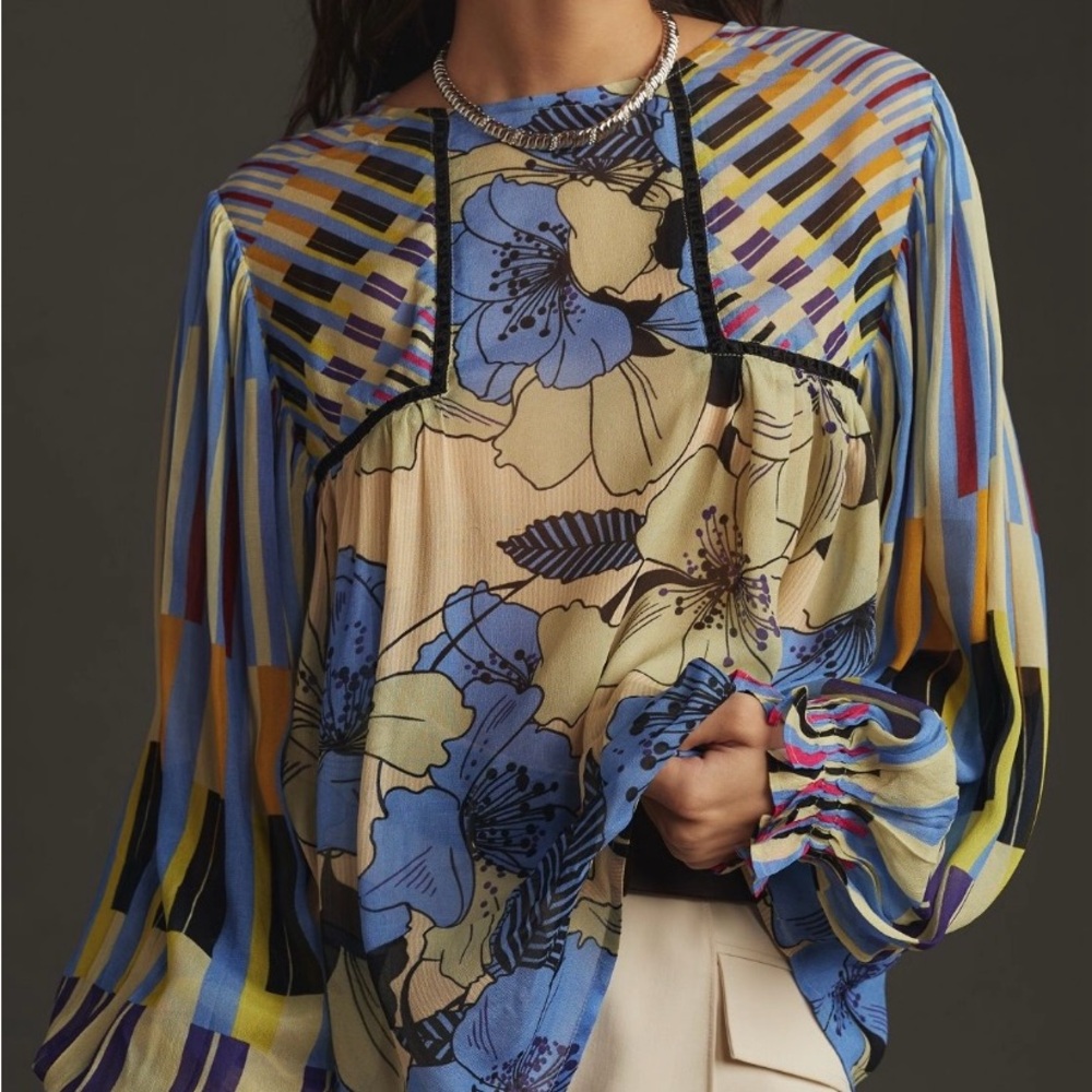 BI-nk Miranda Floral Peasant Blouse Anthropologie XXS